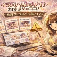イラスト販売サイトおすすめはココ！をテーマにしたアイキャッチ画像。パステルピンク背景に複数のイラスト販売サイトの画面が並び、虫眼鏡とWARNINGマークが「登録前に知るべき落とし穴」を示しているデザイン。女性が注意喚起のポーズをしている。