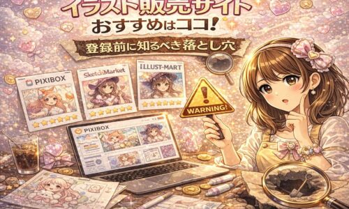 イラスト販売サイトおすすめはココ！をテーマにしたアイキャッチ画像。パステルピンク背景に複数のイラスト販売サイトの画面が並び、虫眼鏡とWARNINGマークが「登録前に知るべき落とし穴」を示しているデザイン。女性が注意喚起のポーズをしている。