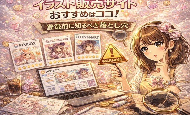 イラスト販売サイトおすすめはココ！をテーマにしたアイキャッチ画像。パステルピンク背景に複数のイラスト販売サイトの画面が並び、虫眼鏡とWARNINGマークが「登録前に知るべき落とし穴」を示しているデザイン。女性が注意喚起のポーズをしている。