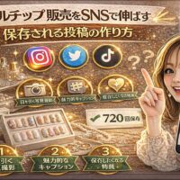 「ネイルチップ 販売をSNSで伸ばす｜保存される投稿の作り方」と大きく表示されたアイキャッチ画像。ゴールド基調の背景に、ネイルチップのディスプレイ、カメラやハッシュタグのアイコン、Instagram風の投稿画面、保存数720回の表示、スマートフォンを持つ女性が描かれている。