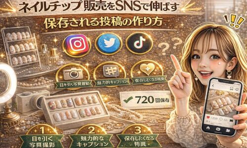 「ネイルチップ 販売をSNSで伸ばす｜保存される投稿の作り方」と大きく表示されたアイキャッチ画像。ゴールド基調の背景に、ネイルチップのディスプレイ、カメラやハッシュタグのアイコン、Instagram風の投稿画面、保存数720回の表示、スマートフォンを持つ女性が描かれている。