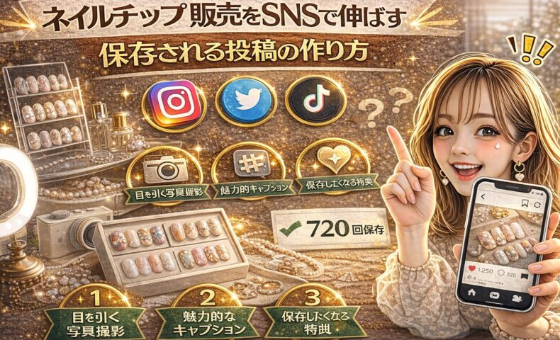 「ネイルチップ 販売をSNSで伸ばす｜保存される投稿の作り方」と大きく表示されたアイキャッチ画像。ゴールド基調の背景に、ネイルチップのディスプレイ、カメラやハッシュタグのアイコン、Instagram風の投稿画面、保存数720回の表示、スマートフォンを持つ女性が描かれている。