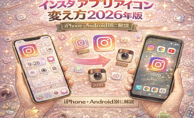 インスタ アプリアイコン変え方2026年版のアイキャッチ画像。iPhoneとAndroidのスマホ画面が並び、歴代Instagramアイコンと矢印が表示されている。パステル背景にキラキラ演出が施された解説デザイン。