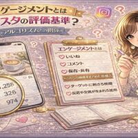 インスタのエンゲージメントとアルゴリズムの関係を解説するアイキャッチ画像。ピンクとゴールド基調のデザインで、スマホに表示された投稿画面と「いいね・コメント・保存・共有」などの指標、チェックリスト形式の解説ボードが描かれている。