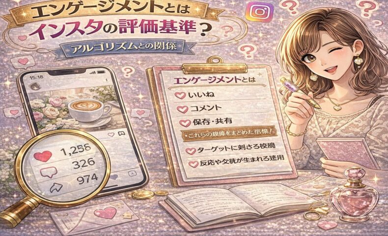 インスタのエンゲージメントとアルゴリズムの関係を解説するアイキャッチ画像。ピンクとゴールド基調のデザインで、スマホに表示された投稿画面と「いいね・コメント・保存・共有」などの指標、チェックリスト形式の解説ボードが描かれている。