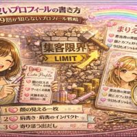可愛いプロフィールの書き方をテーマにしたアイキャッチ画像。SNSプロフィールカード、ハートやキラキラの装飾、女性イラスト、フォロワー増加を示すグラフや虫眼鏡が描かれ、プロフィール設計で人気アカウントを作るイメージを表現。