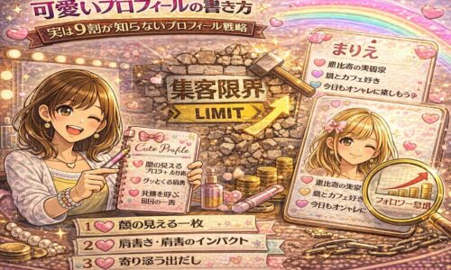 可愛いプロフィールの書き方をテーマにしたアイキャッチ画像。SNSプロフィールカード、ハートやキラキラの装飾、女性イラスト、フォロワー増加を示すグラフや虫眼鏡が描かれ、プロフィール設計で人気アカウントを作るイメージを表現。