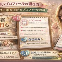 可愛いプロフィールの書き方を解説するSNSマーケティング記事のアイキャッチ画像。中央にプロフィール設計のサンプル画面、右側にスマートフォンを持つ女性、左側に「写真映え」「自己紹介」「DM/リンク誘導」の3つのポイントが表示され、フォロー率が上がるプロフィール設計を視覚的に解説している。