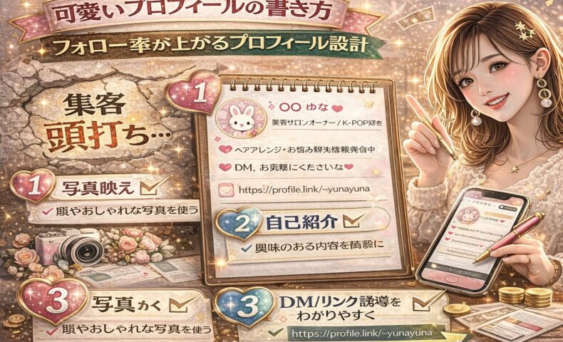 可愛いプロフィールの書き方を解説するSNSマーケティング記事のアイキャッチ画像。中央にプロフィール設計のサンプル画面、右側にスマートフォンを持つ女性、左側に「写真映え」「自己紹介」「DM/リンク誘導」の3つのポイントが表示され、フォロー率が上がるプロフィール設計を視覚的に解説している。