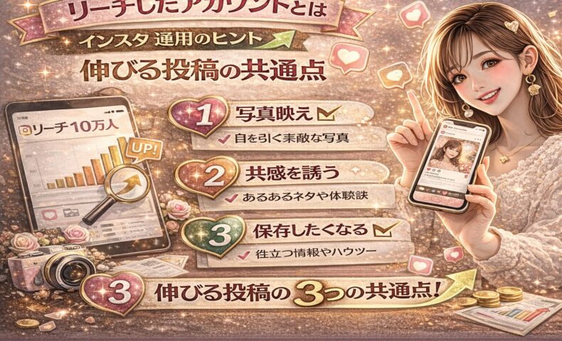 リーチしたアカウントとは何かを解説するインスタ運用記事のアイキャッチ画像。左側にリーチ数10万人のグラフ、中央に「写真映え・共感・保存したくなる」の3つのポイント、右側にスマートフォンでInstagram投稿を見せる女性が配置され、伸びる投稿の共通点を視覚的に説明している。