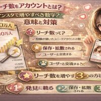 リーチしたアカウントの意味と増やし方を解説するInstagram運用記事のアイキャッチ画像。左側に「リーチ10万人」のグラフとスマートフォン画面、中央に「リーチ数とは？」「保存・拡散」「ユーザー交流」の解説ポイント、右側にInstagram投稿を見せる女性が配置され、インスタでリーチ数を増やす方法を視覚的に示している。