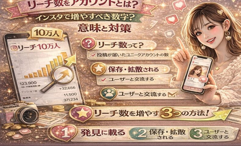 リーチしたアカウントの意味と増やし方を解説するInstagram運用記事のアイキャッチ画像。左側に「リーチ10万人」のグラフとスマートフォン画面、中央に「リーチ数とは？」「保存・拡散」「ユーザー交流」の解説ポイント、右側にInstagram投稿を見せる女性が配置され、インスタでリーチ数を増やす方法を視覚的に示している。