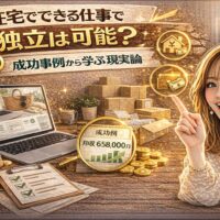 「在宅でできる仕事で独立は可能？成功事例から学ぶ現実論」と大きく表示されたアイキャッチ画像。ゴールド基調の背景に、自宅デスクのノートパソコン、積まれた段ボール、売上グラフ、成功事例の収入表示が描かれている。女性がスマートフォンを持ち、指を立てて解説している構図。