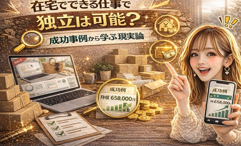 「在宅でできる仕事で独立は可能？成功事例から学ぶ現実論」と大きく表示されたアイキャッチ画像。ゴールド基調の背景に、自宅デスクのノートパソコン、積まれた段ボール、売上グラフ、成功事例の収入表示が描かれている。女性がスマートフォンを持ち、指を立てて解説している構図。