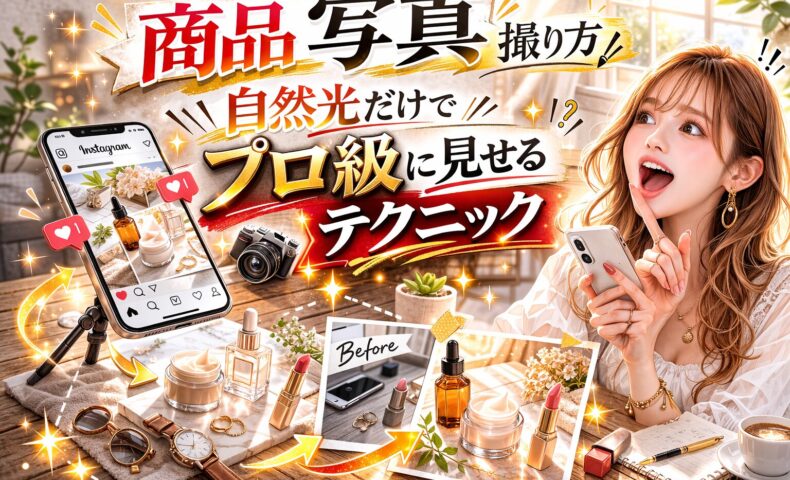 自然光を使った商品写真の撮り方を解説するアイキャッチ画像。大きく「商品 写真 撮り方」「自然光だけでプロ級に見せるテクニック」と強調された文字が配置され、窓から差し込む光の中でコスメや小物を撮影するシーンが描かれている。スマートフォンや一眼カメラ、明るいゴールド系エフェクトで視線を引くデザイン。